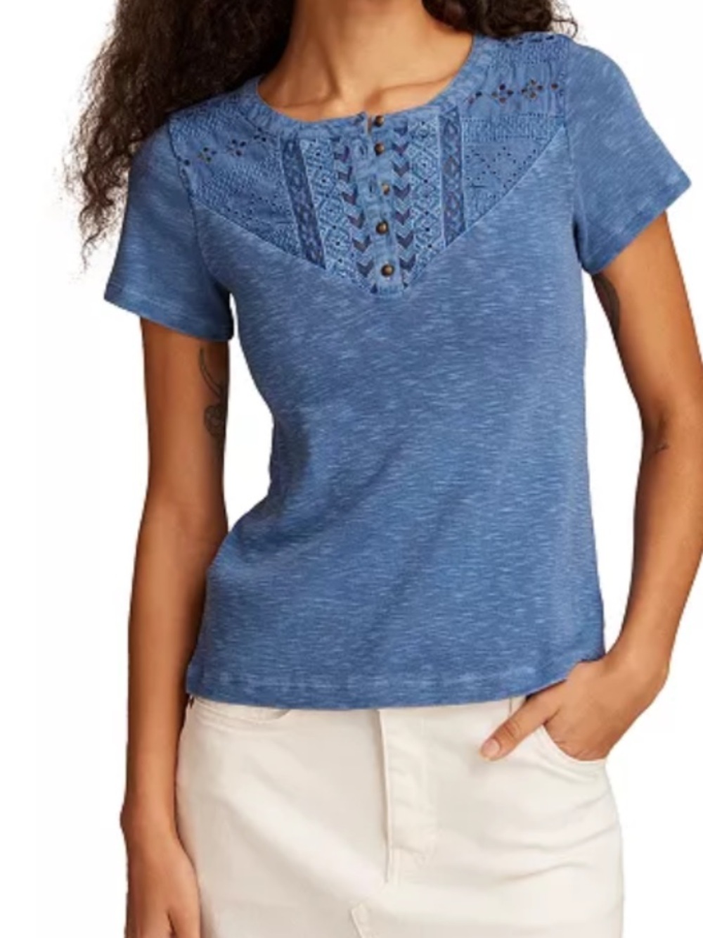 Lucky Brand blue cotton Cutwork Henley Tee size M
